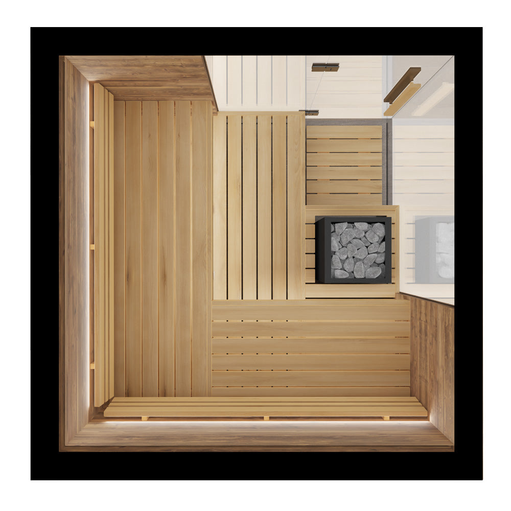ThermaSol Astra - Glass and Wood Panel Corner Layout, 3-4 Person, Indoor Sauna ThermaSol
