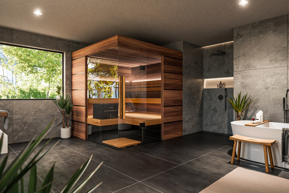ThermaSol Astra - Glass and Wood Panel Corner Layout, 3-4 Person, Indoor Sauna ThermaSol