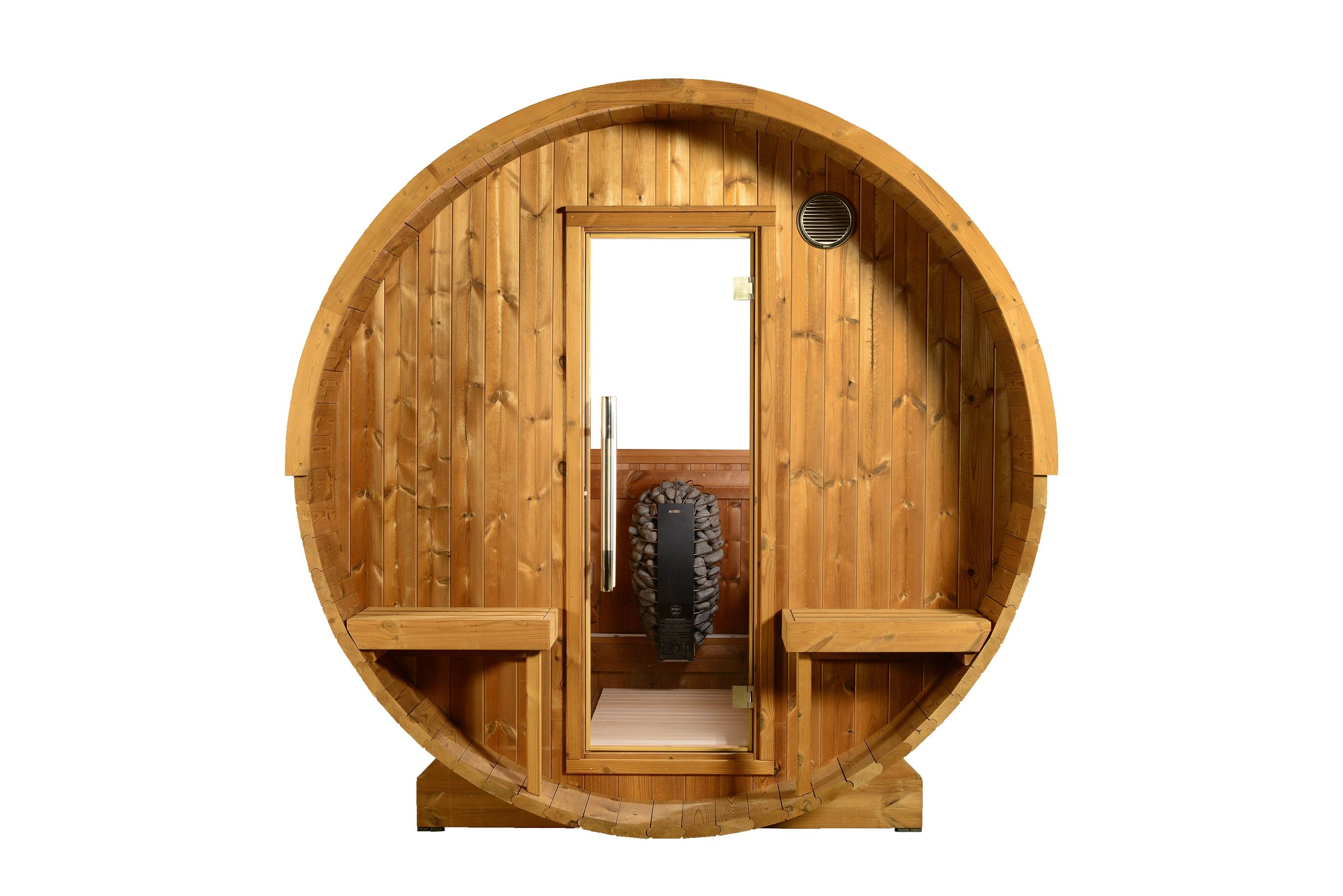 ThermaSol Evander - Nordic Pine, 4-6 Person, Half-Moon Window, Outdoor Canopy Barrel Sauna ThermaSol