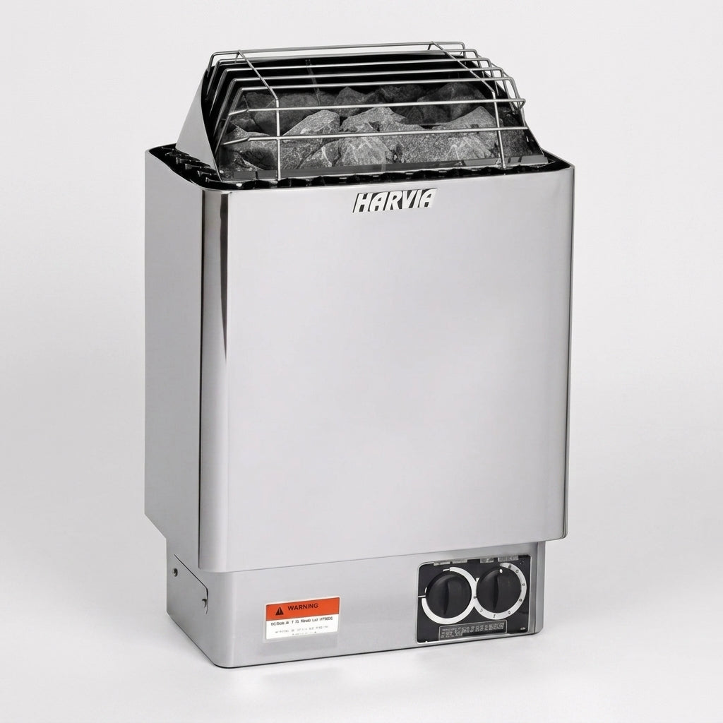 Harvia KIP45B JH45B2401 KIP Series 4.5kW Stainless Steel Sauna Heater at 240V 1PH with Built-In Time and Temperature Controls Stainless Steel Harvia