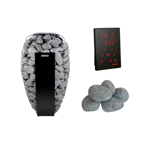 Harvia Spirit sauna heater with curved organic design, rounded sauna stones, and WiFi control