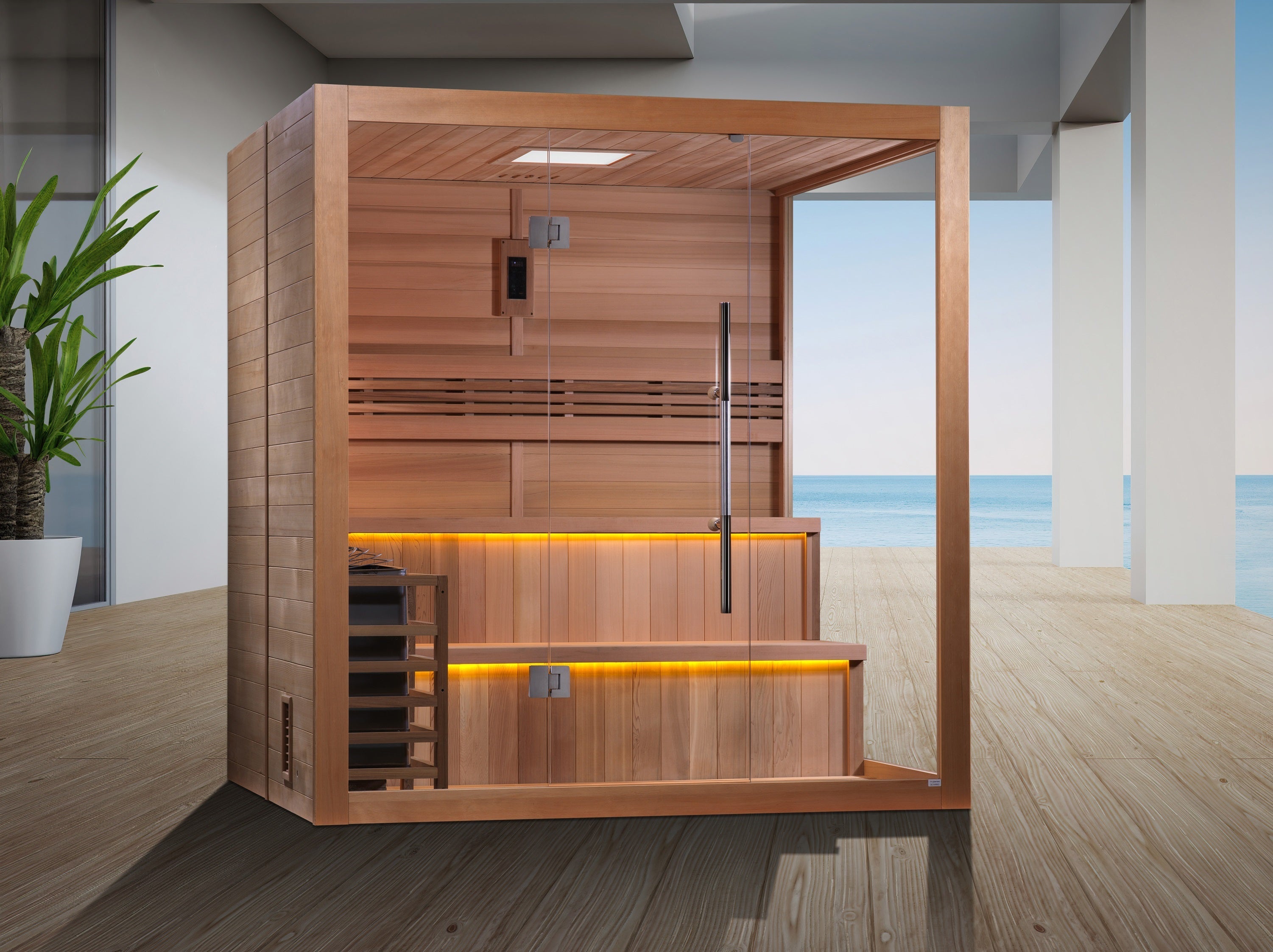 Golden Designs Kuusamo 6-Person Traditional Sauna: Hemlock, Cedar, Chromotherapy, 8.0kW Stove Golden Designs Inc
