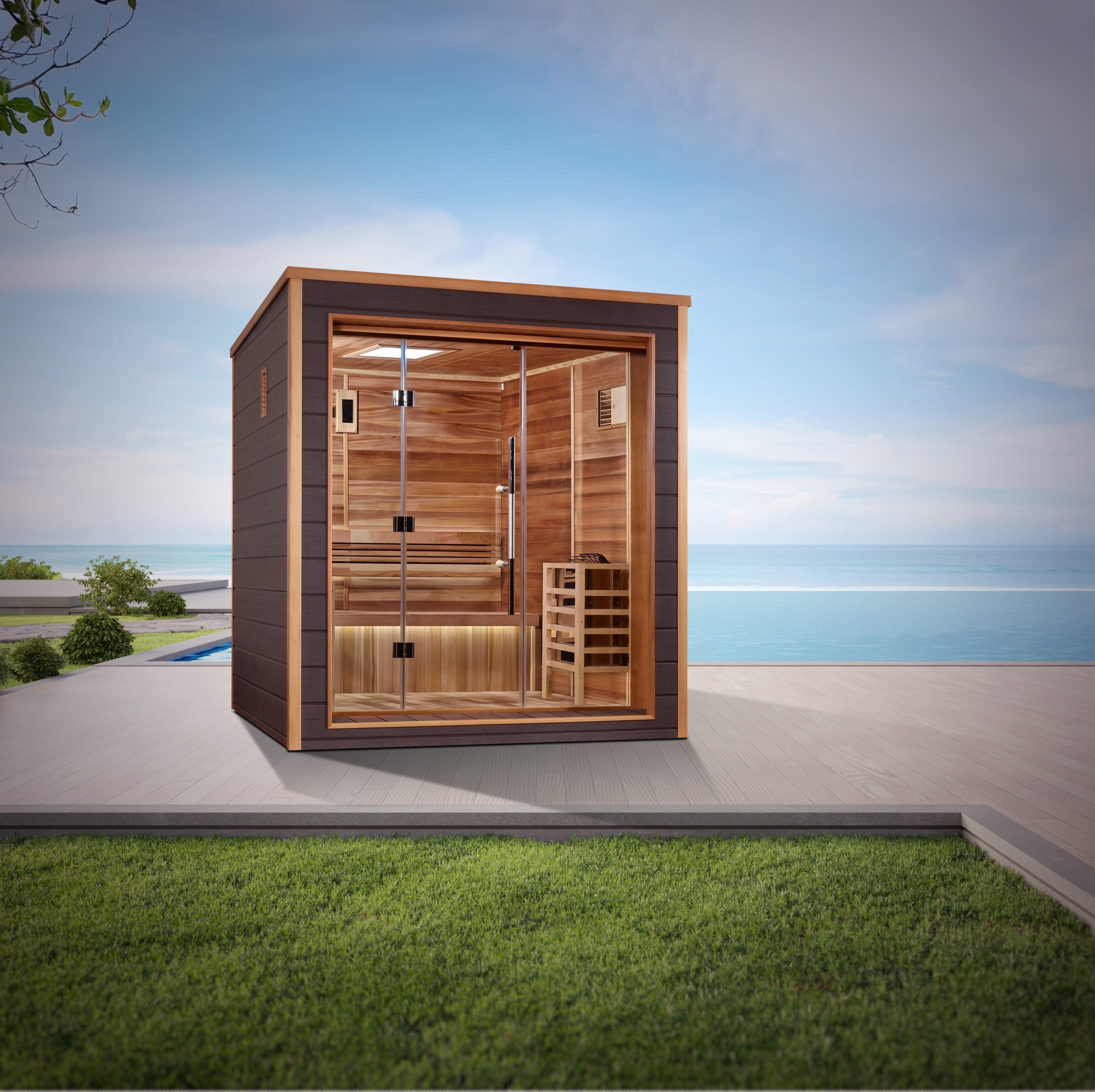 Luxury Golden Designs Drammen 3-Person Outdoor-Indoor Traditional Cedar Sauna with Chromotherapy Golden Designs Inc