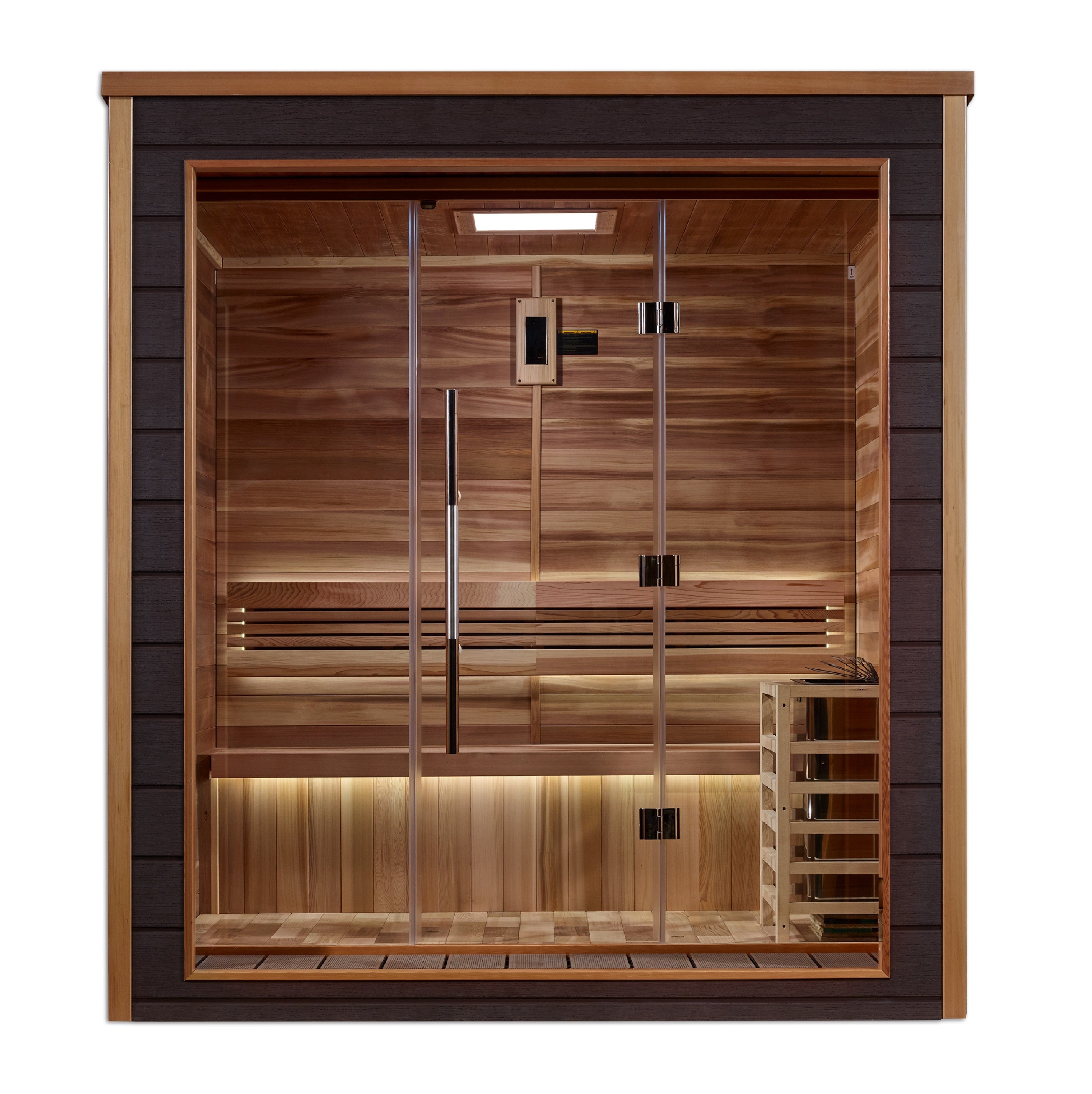 Luxury Golden Designs Drammen 3-Person Outdoor-Indoor Traditional Cedar Sauna with Chromotherapy Golden Designs Inc