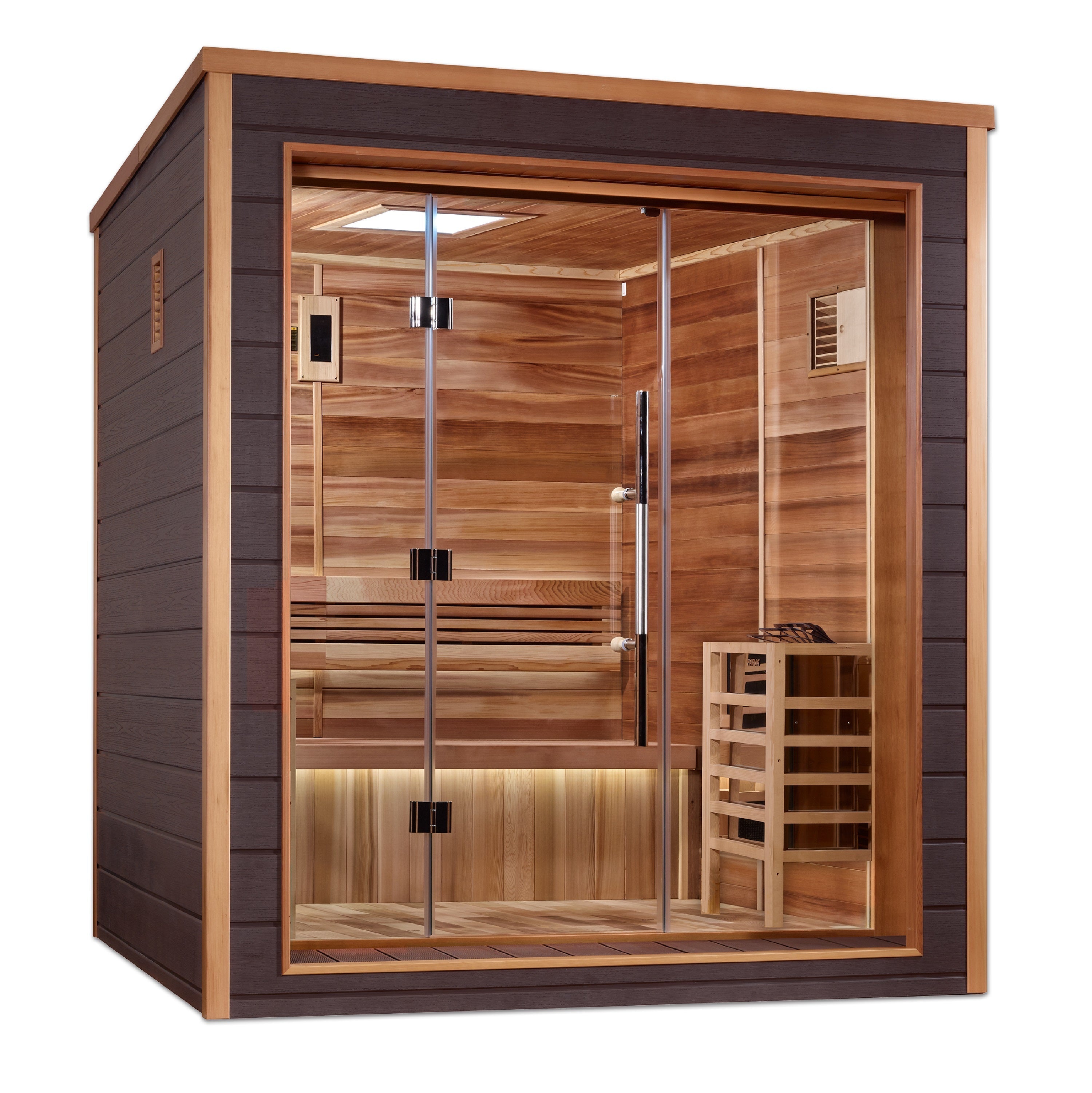 Luxury Golden Designs Drammen 3-Person Outdoor-Indoor Traditional Cedar Sauna with Chromotherapy Golden Designs Inc