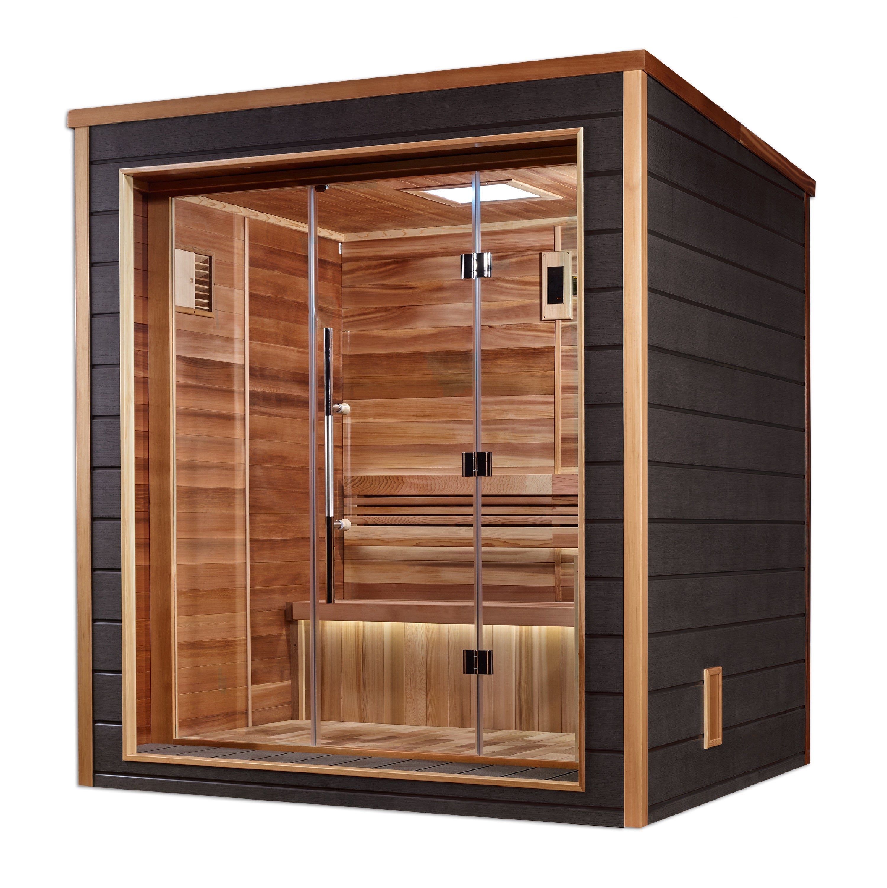 Luxury Golden Designs Drammen 3-Person Outdoor-Indoor Traditional Cedar Sauna with Chromotherapy Golden Designs Inc
