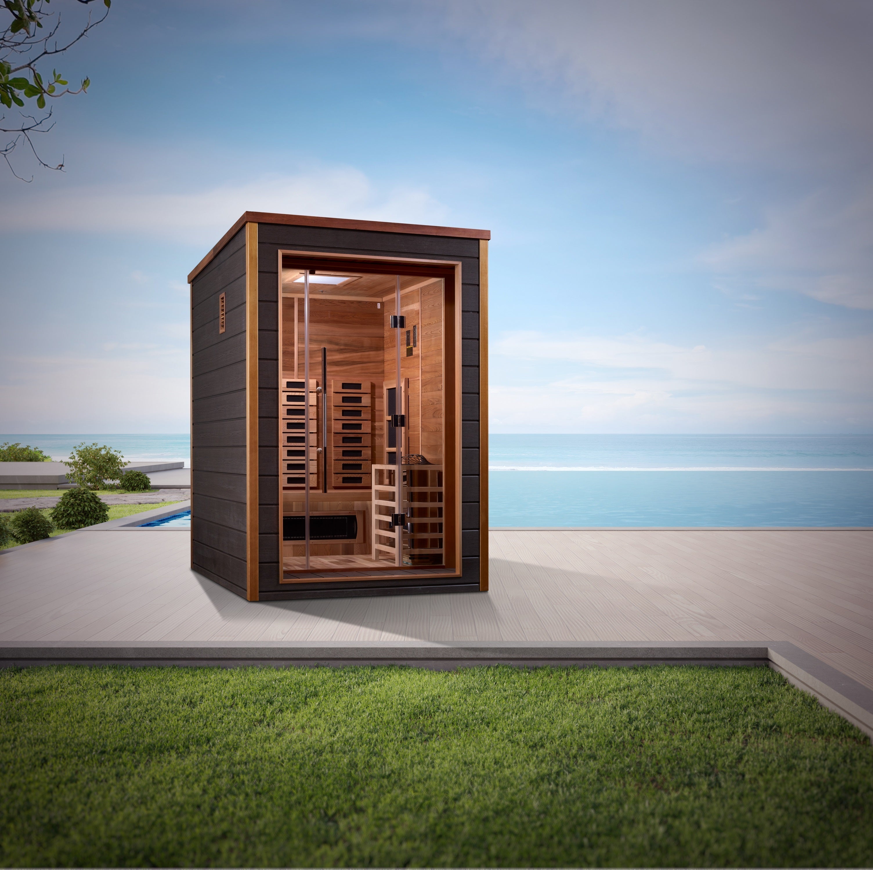 Golden Designs Nora 2 Person Outdoor-Indoor Hybrid Full Spectrum Sauna Red Cedar Golden Designs