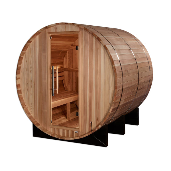 Golden Designs Arosa 4-person barrel sauna in Pacific Cedar with bronze tempered glass door