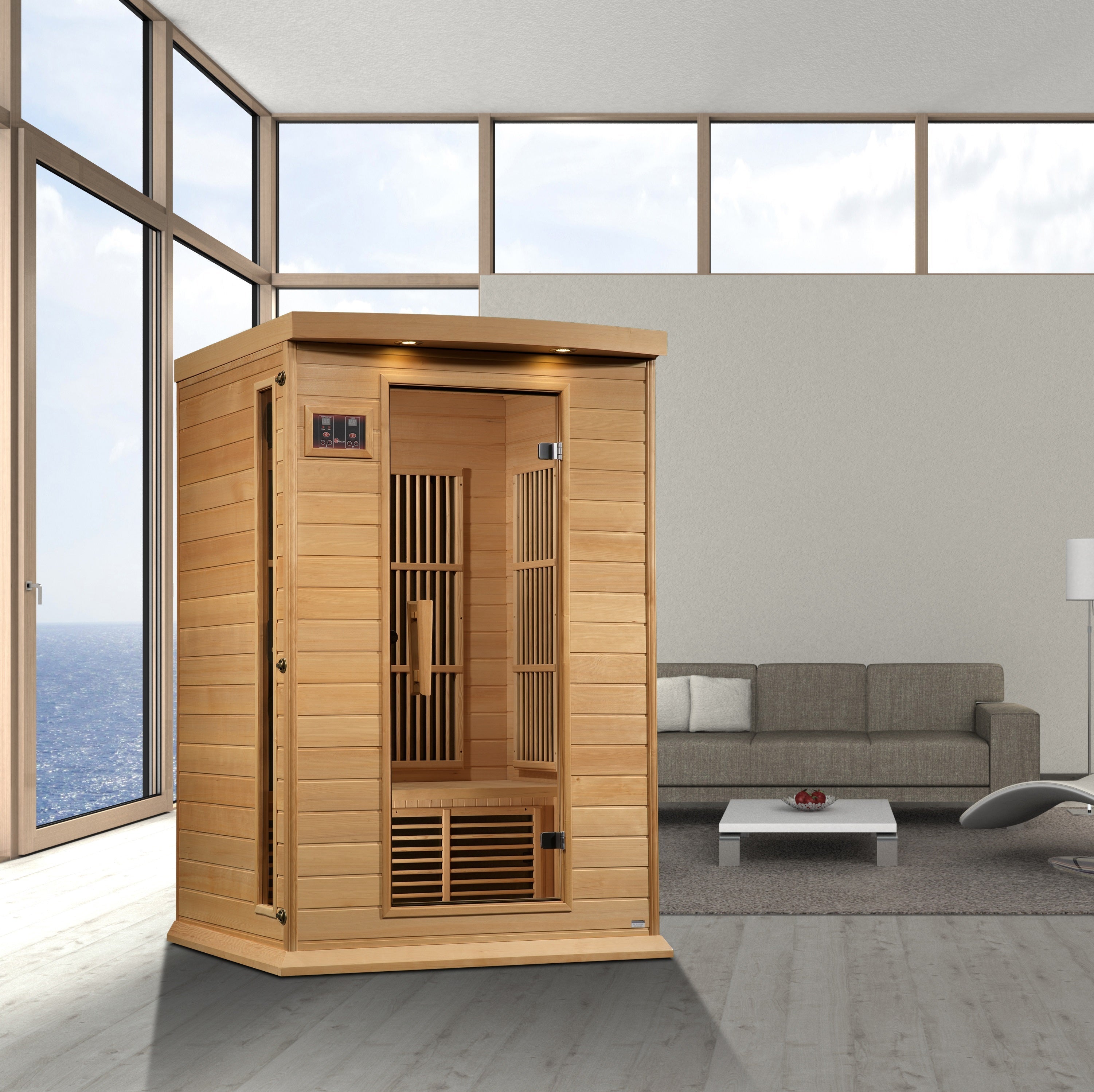Maxxus 2-Person Near Zero EMF FAR Infrared Hemlock Sauna, Chromotherapy, Red Light Golden Designs Inc