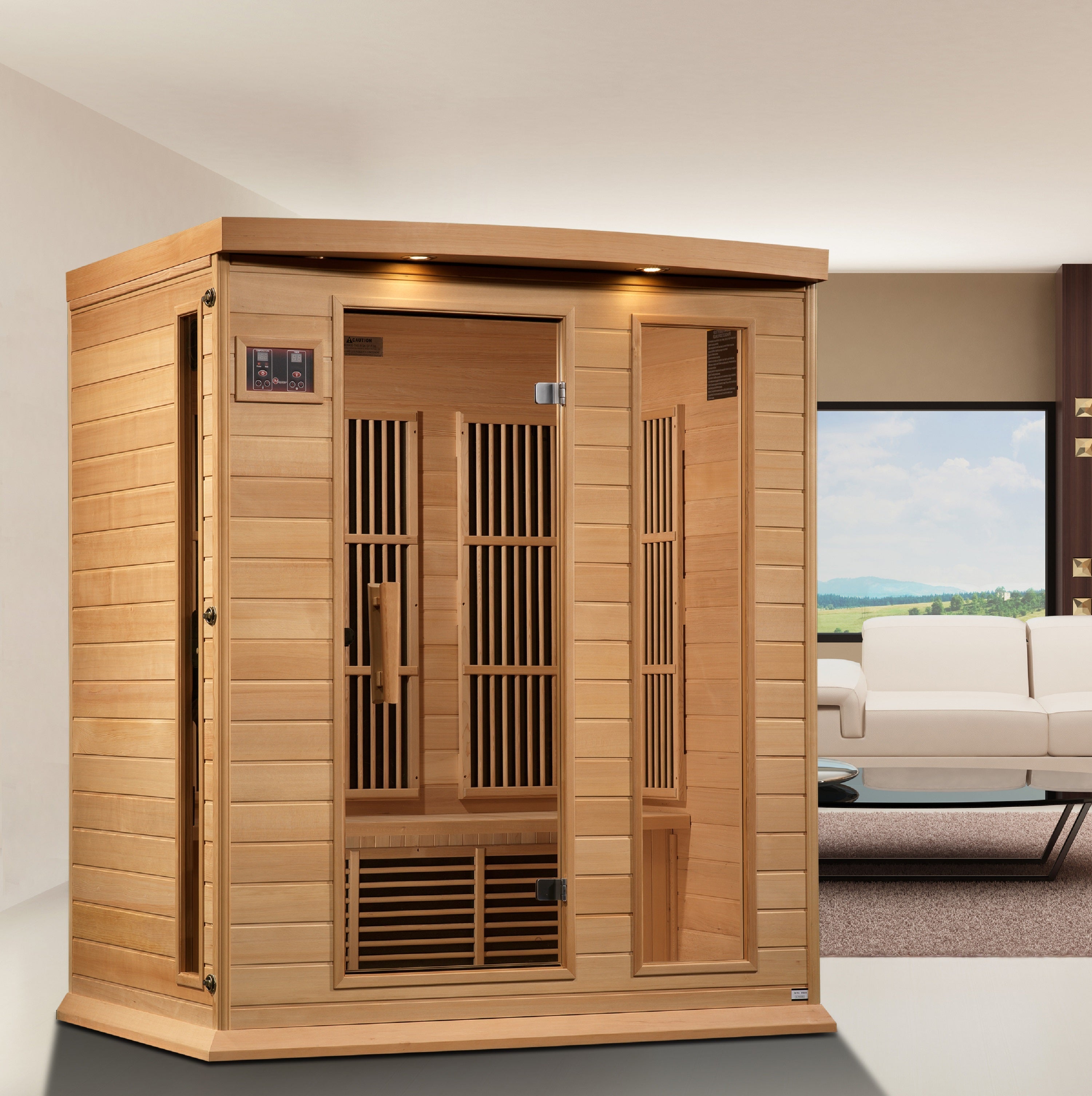 Maxxus 3-Person Near Zero EMF Far Infrared Hemlock Sauna Chromotherapy Light System Golden Designs Inc