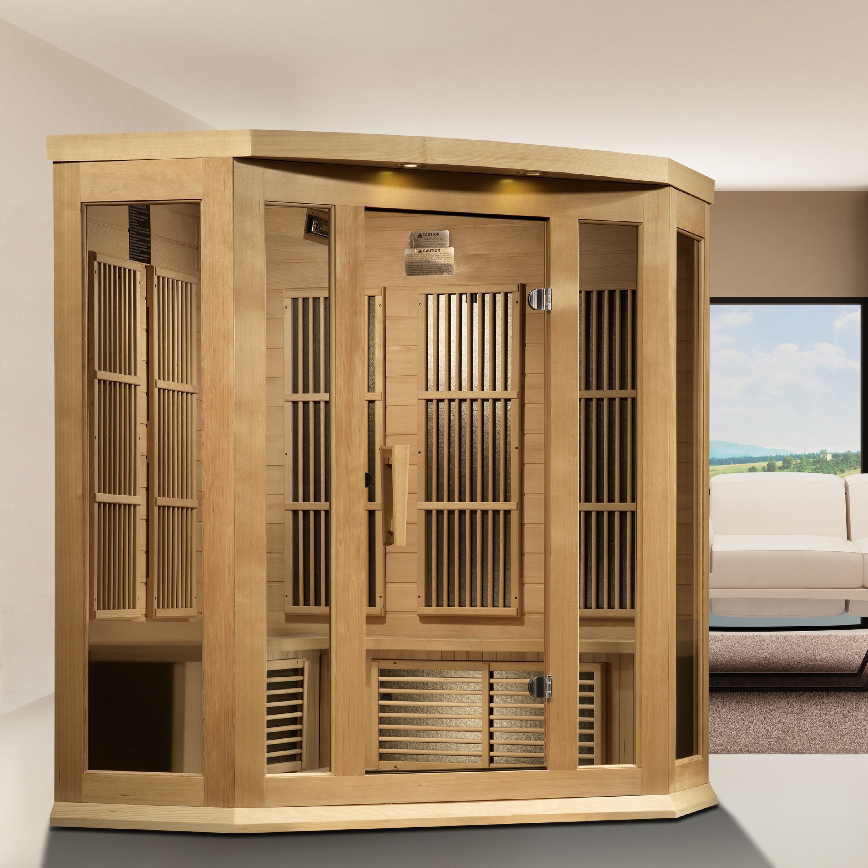 Maxxus 3-Person Corner Hemlock Near Zero EMF Far Infrared Sauna & Chromotherapy Golden Designs Inc