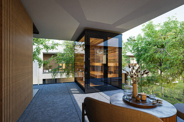 ThermaSol Vera compact glass-walled outdoor sauna designed for patios, balconies, and rooftops